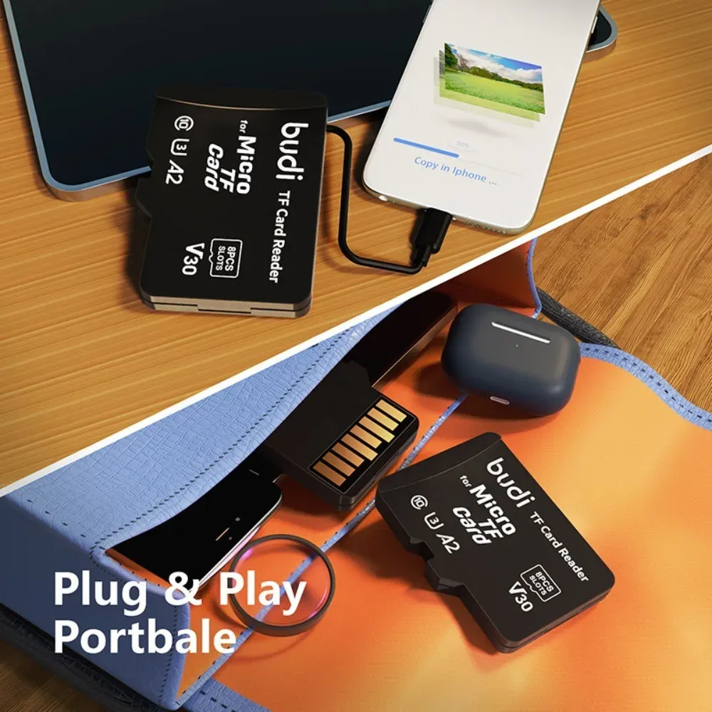 Lecteur de cartes mémoire BUDI TF 8 emplacements avec étui de rangement, compatible USB Type-C et USB 5