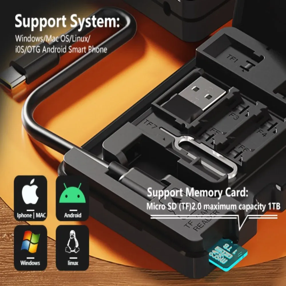 Lecteur de cartes mémoire BUDI TF 8 emplacements avec étui de rangement, compatible USB Type-C et USB 6