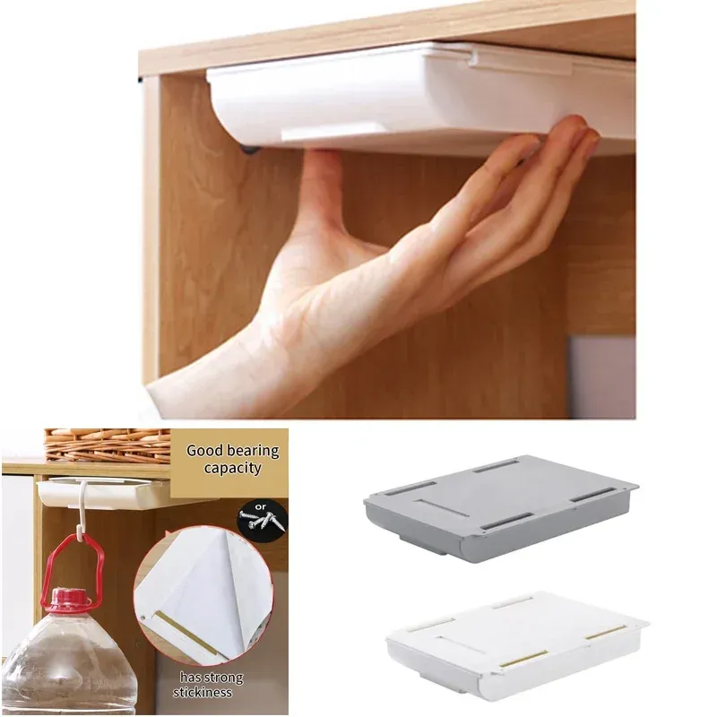 Boîte de rangement cachée, tiroir de bureau, support de rangement autocollant en plastique pour table, organisateur simple de papeterie et cosmétiques pour petits articles divers 2