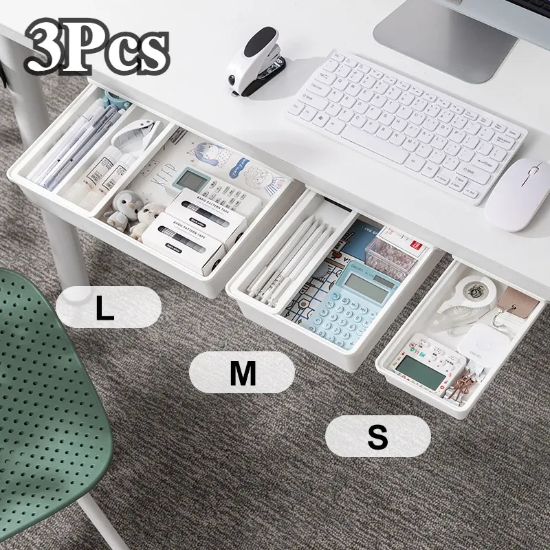 Boîte de rangement cachée, tiroir de bureau, support de rangement autocollant en plastique pour table, organisateur simple de papeterie et cosmétiques pour petits articles divers - Image 1
