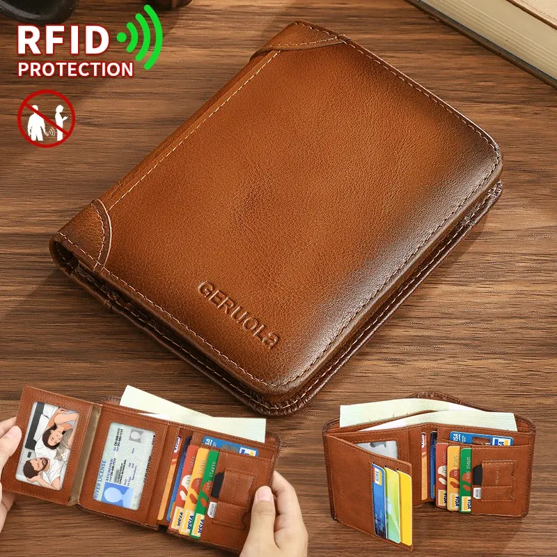 GERUOLA portefeuille mince en cuir véritable à protection RFID pour homme, porte-cartes d'identité et de crédit multifonction, marron foncé avec finitions décoratives - Image 1