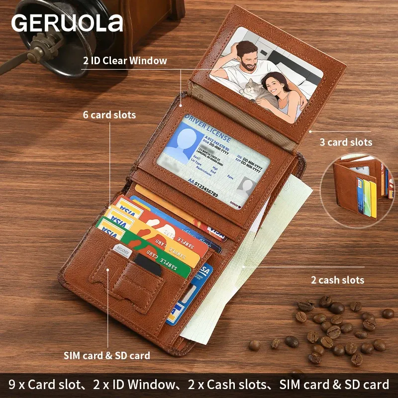 GERUOLA portefeuille mince en cuir véritable à protection RFID pour homme, porte-cartes d'identité et de crédit multifonction, marron foncé avec finitions décoratives 3