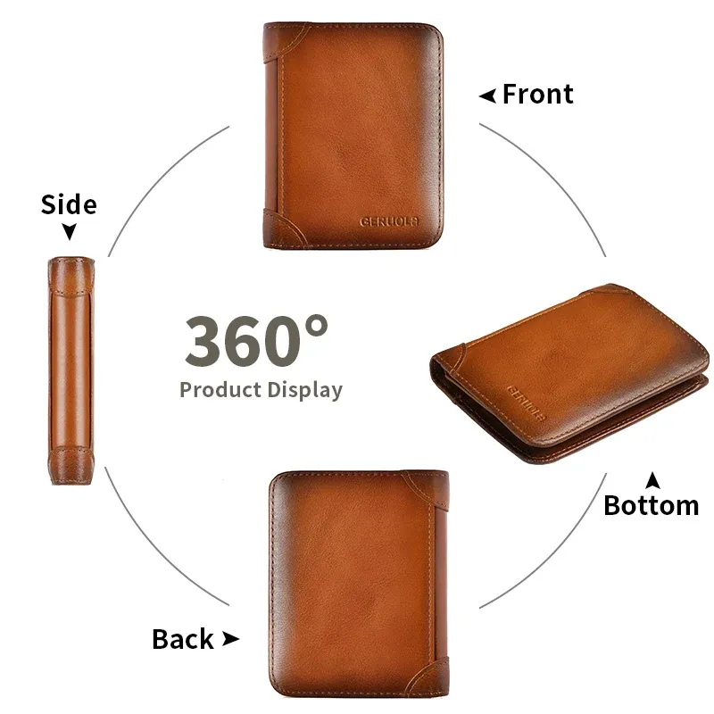 GERUOLA portefeuille mince en cuir véritable à protection RFID pour homme, porte-cartes d'identité et de crédit multifonction, marron foncé avec finitions décoratives 2