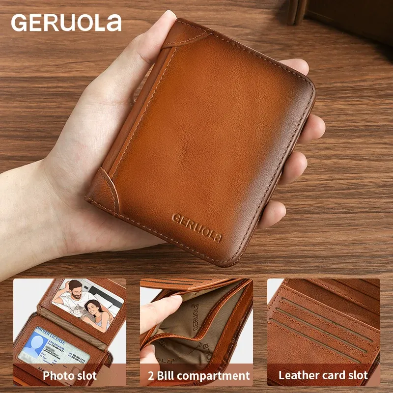 GERUOLA portefeuille mince en cuir véritable à protection RFID pour homme, porte-cartes d'identité et de crédit multifonction, marron foncé avec finitions décoratives 4