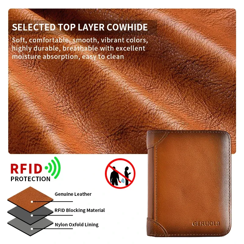 GERUOLA portefeuille mince en cuir véritable à protection RFID pour homme, porte-cartes d'identité et de crédit multifonction, marron foncé avec finitions décoratives 5