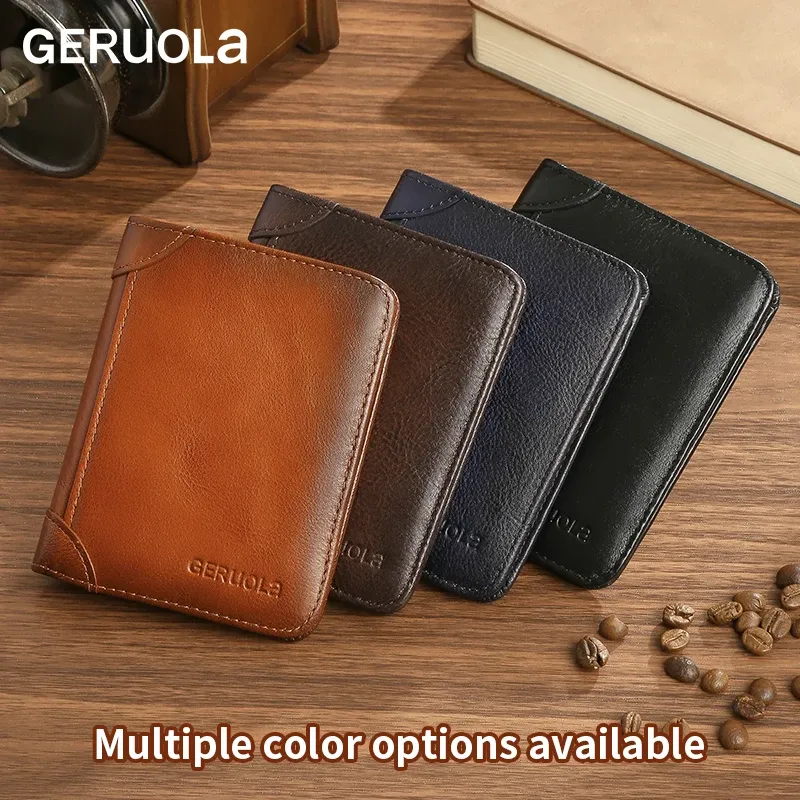 GERUOLA portefeuille mince en cuir véritable à protection RFID pour homme, porte-cartes d'identité et de crédit multifonction, marron foncé avec finitions décoratives 6