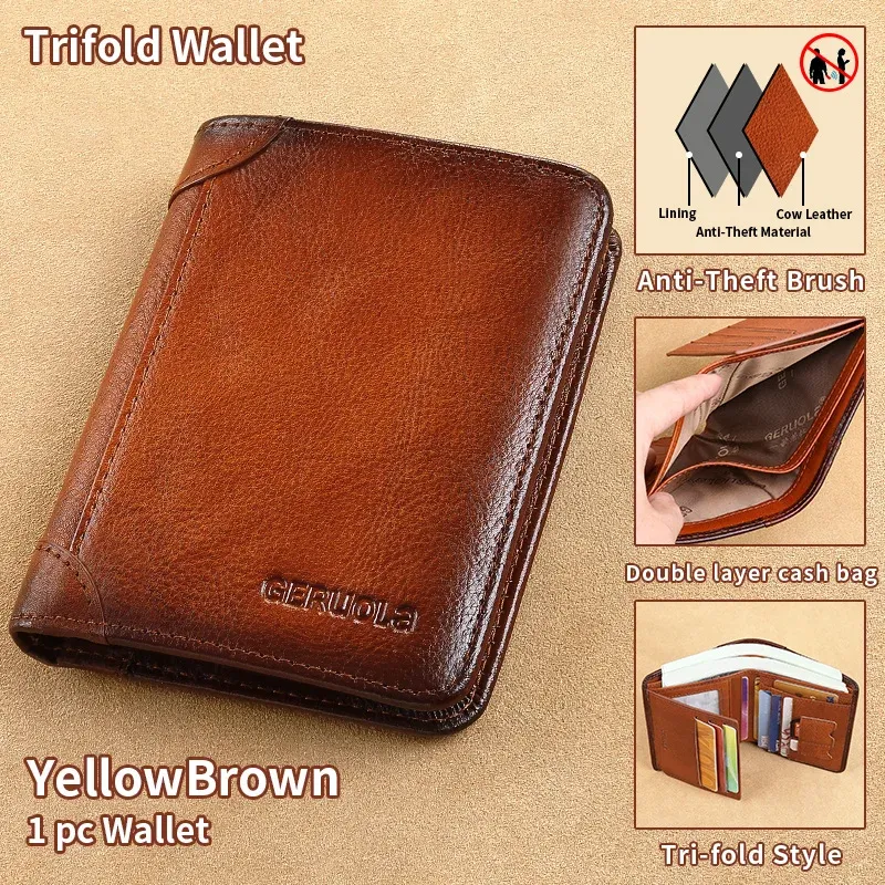 GERUOLA portefeuille mince en cuir véritable à protection RFID pour homme, porte-cartes d'identité et de crédit multifonction, marron foncé avec finitions décoratives 12