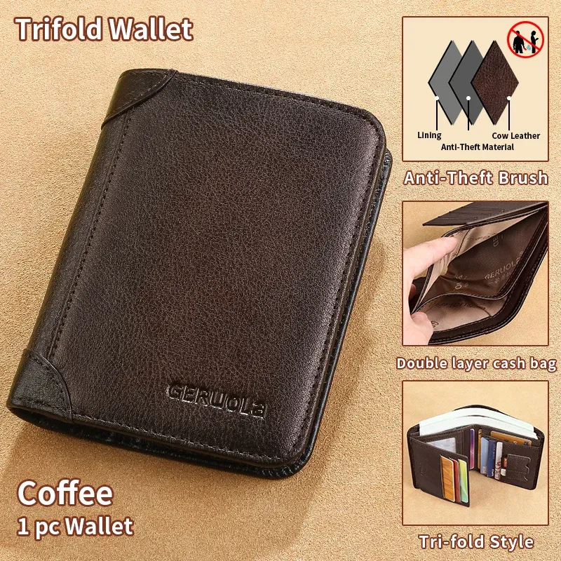GERUOLA portefeuille mince en cuir véritable à protection RFID pour homme, porte-cartes d'identité et de crédit multifonction, marron foncé avec finitions décoratives 11