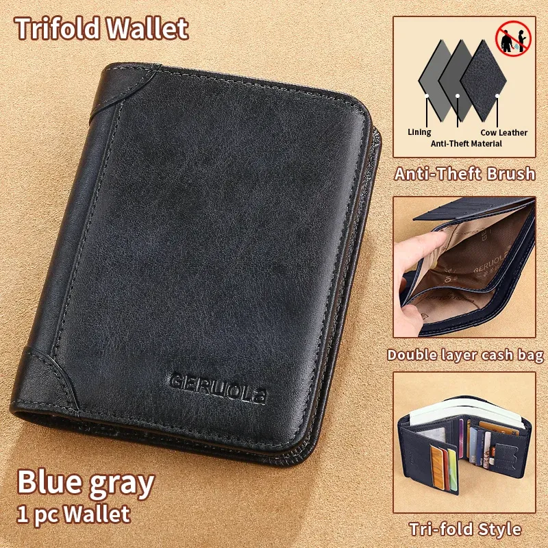 GERUOLA portefeuille mince en cuir véritable à protection RFID pour homme, porte-cartes d'identité et de crédit multifonction, marron foncé avec finitions décoratives 14
