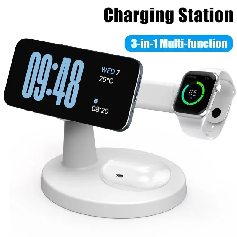 Support de chargeur magnétique sans fil 3 en 1 pour MagSafe iPhone 16, 15, 14, 13 Pro Max, Apple Watch 9, 8 et AirPods Pro, station de charge rapide