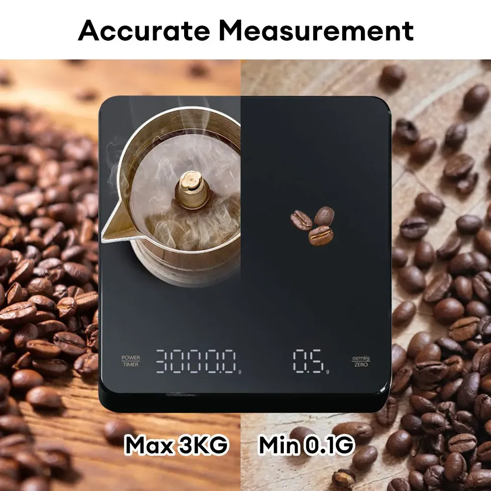 Balance à café numérique avec minuterie et écran LED, précision 0,1 g, capacité 3 kg, unités oz/ml/g, recharge USB 4