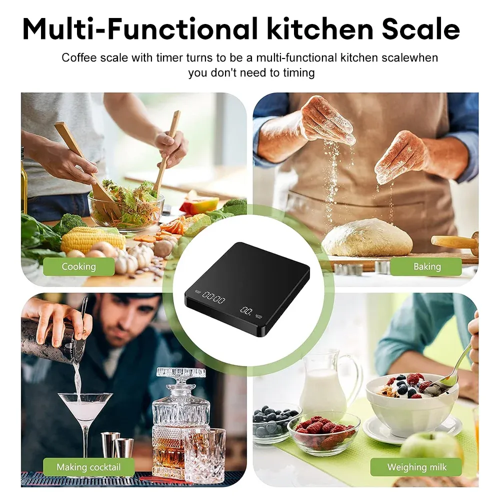 Balance à café numérique avec minuterie et écran LED, précision 0,1 g, capacité 3 kg, unités oz/ml/g, recharge USB 5