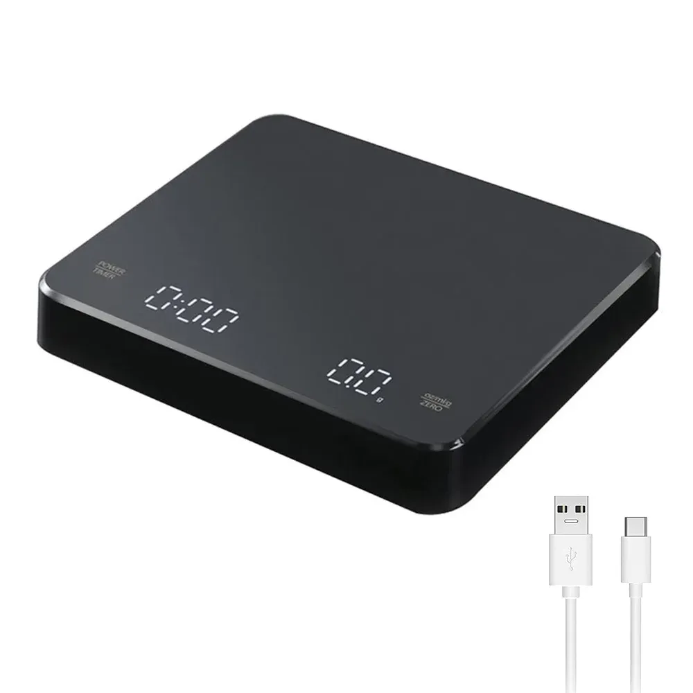 Balance à café numérique avec minuterie et écran LED, précision 0,1 g, capacité 3 kg, unités oz/ml/g, recharge USB 7