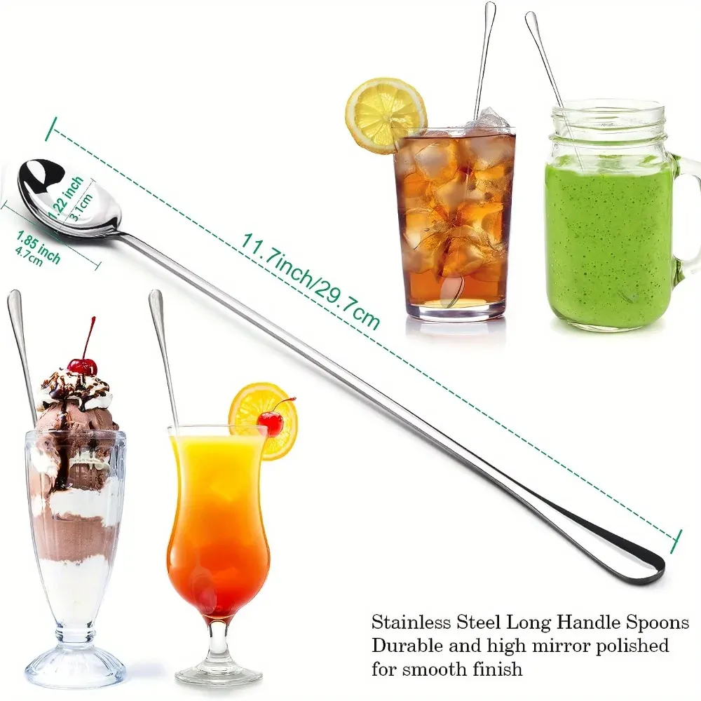 Lot de 2 cuillères à long manche en acier inoxydable pour thé glacé et cocktails 5