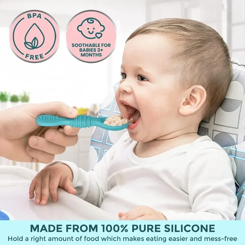 Ensemble de cuillère et fourchette pour bébé, 2 pièces, en silicone souple, couverts d'entraînement pour enfants, vaisselle d'alimentation 3