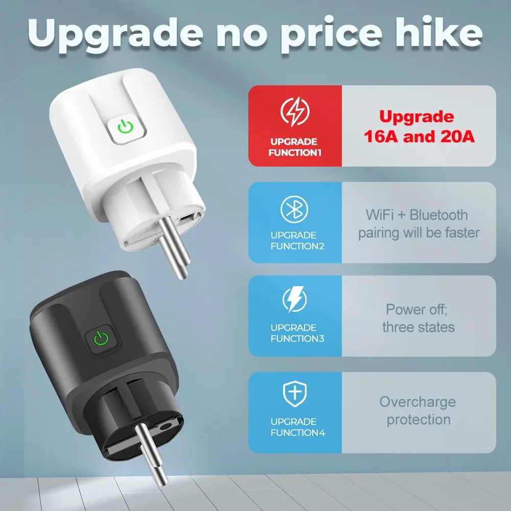 Prise connectée EU 16A/20A, AC 100-240V, compatible Wi-Fi, commande vocale Alexa et Google Home, fonctionne avec l'application Tuya Smart Life 2