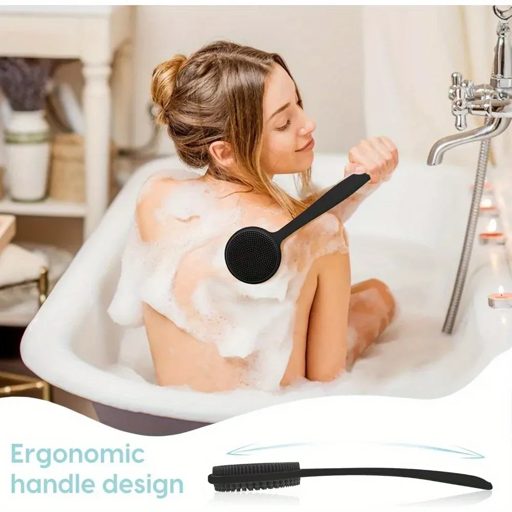 Brosse de douche en silicone pour le dos à long manche, nettoyage et massage en profondeur, poils souples double face 4