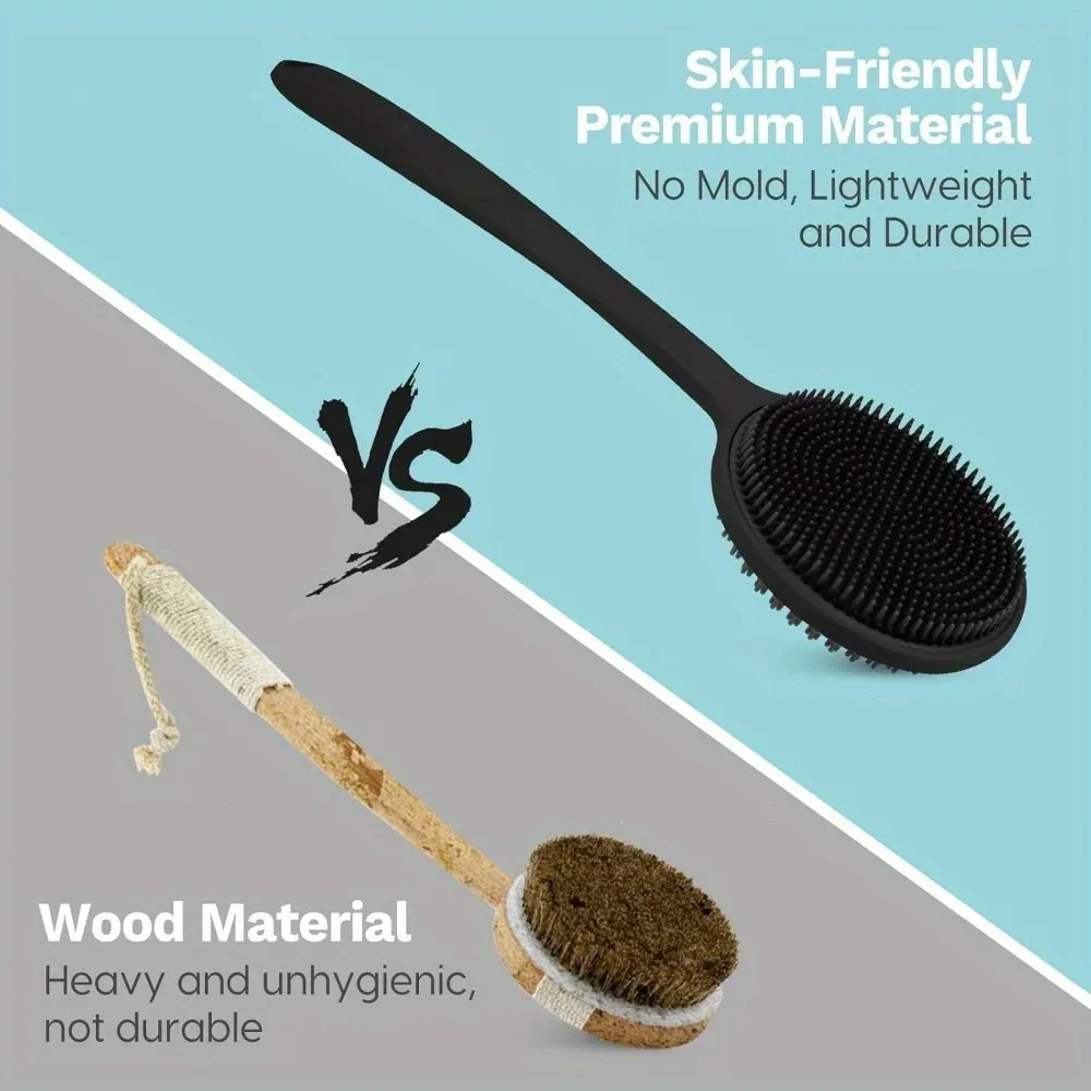Brosse de douche en silicone pour le dos à long manche, nettoyage et massage en profondeur, poils souples double face 6