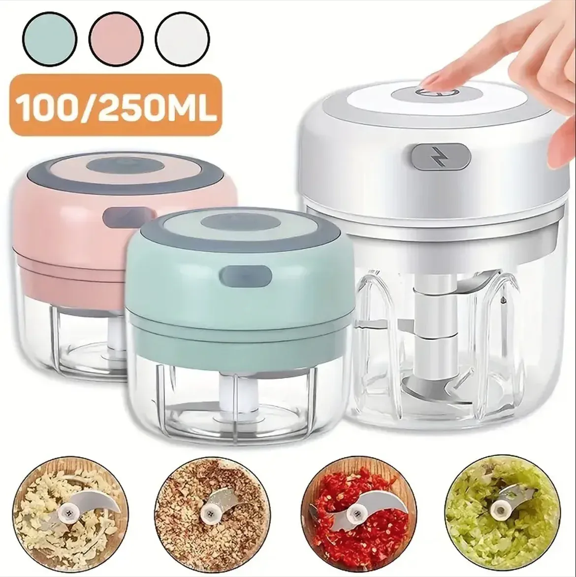 Hachoir à ail électrique multifonctionnel 100/250 mL, broyeur de légumes portable, mélangeur à oignon, robot à purée pour la cuisine 2