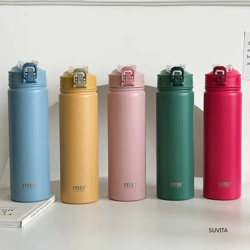 TYESO Bouteille thermos 600 ml/750 ml en acier inoxydable avec paille, gourde de sport isotherme pour voiture, conserve le froid et le chaud, mug de voyage isotherme