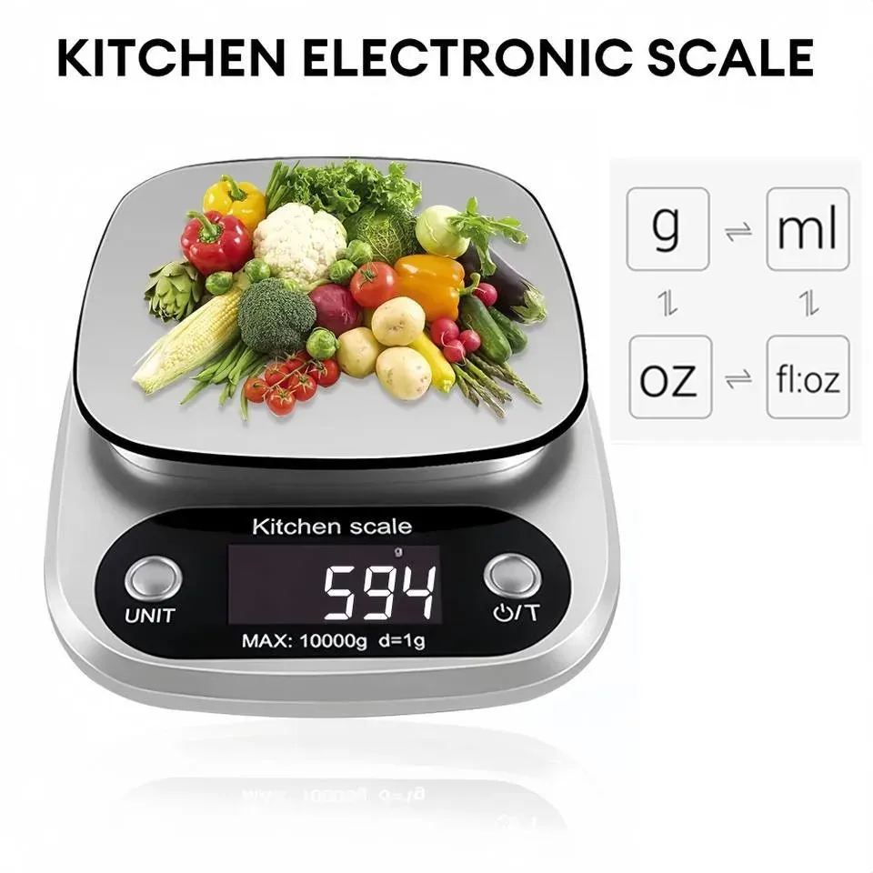 Balance de cuisine numérique 10 kg avec fonction tare, affichage LCD et plateau en acier inoxydable - Image 1