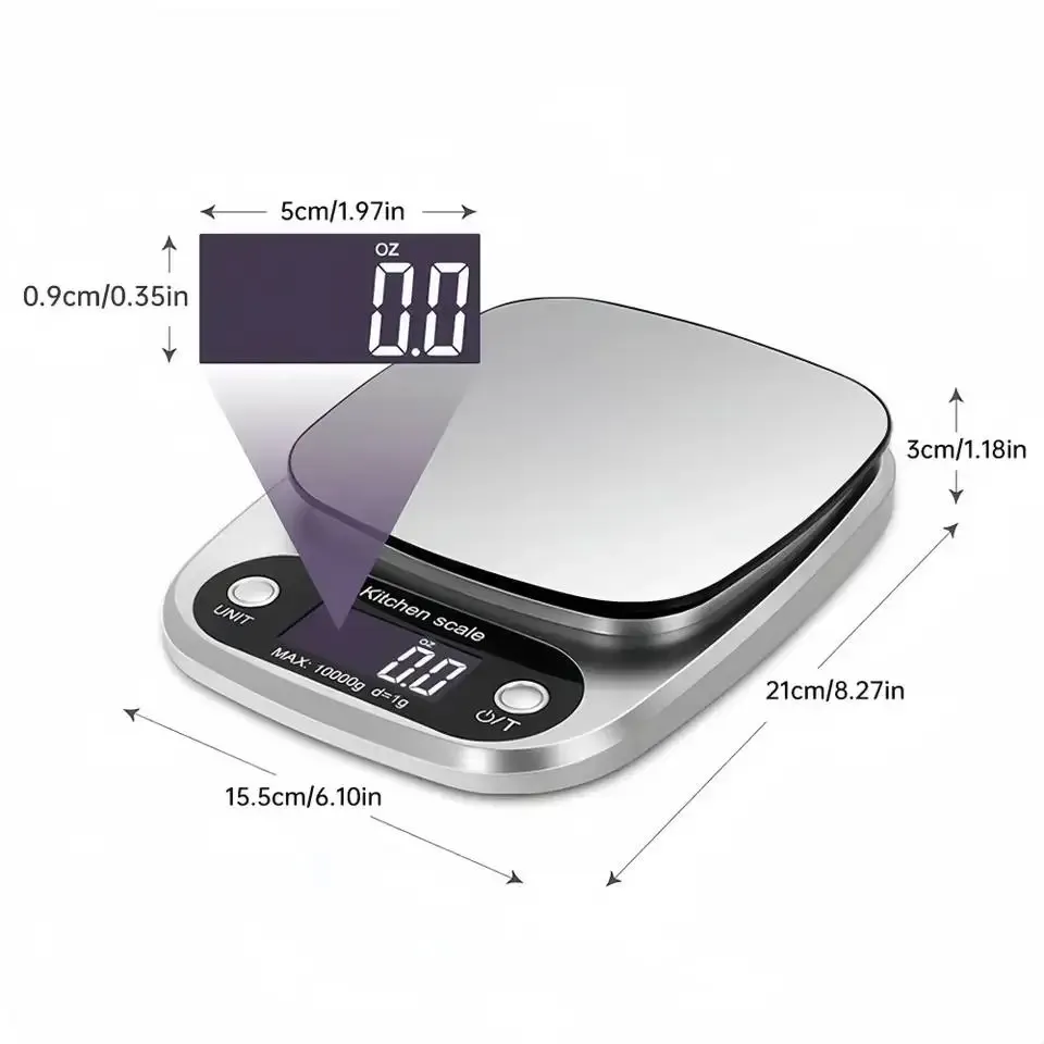 Balance de cuisine numérique 10 kg avec fonction tare, affichage LCD et plateau en acier inoxydable 3