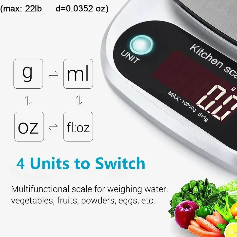 Balance de cuisine numérique 10 kg avec fonction tare, affichage LCD et plateau en acier inoxydable 5