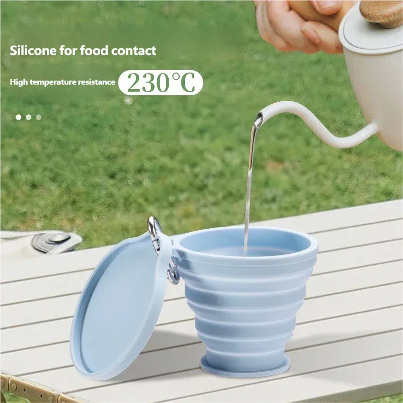 Tasse pliante portable en silicone avec anneau de suspension, gobelet d'extérieur pliable pour le camping, la randonnée et le voyage 2
