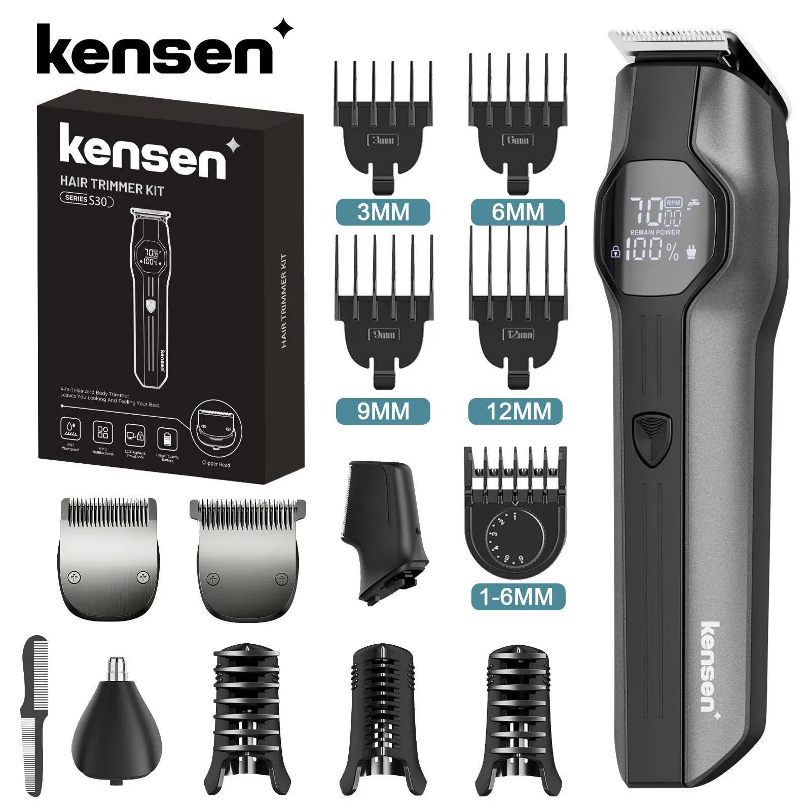 Tondeuse à cheveux électrique Kensen S30 pour hommes, tondeuse à barbe et nez sans fil rechargeable, kit de toilettage 4 en 1 - Image 1