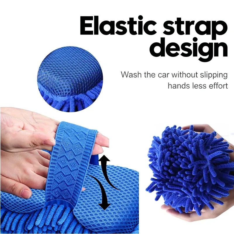 Kit de lavage auto en microfibre chenille bleue (1 ou 2 pièces) : éponge, gant et serviette 3