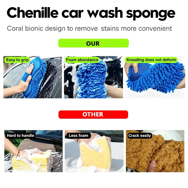 Kit de lavage auto en microfibre chenille bleue (1 ou 2 pièces) : éponge, gant et serviette 4