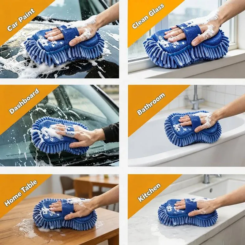 Kit de lavage auto en microfibre chenille bleue (1 ou 2 pièces) : éponge, gant et serviette 6