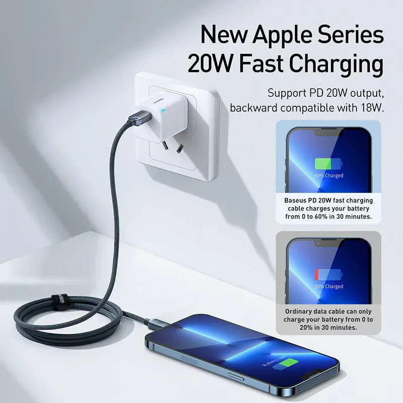 Câble Baseus USB Type-C PD 20 W pour iPhone 14, 13, 12, Pro, X et 8, câble de charge rapide USB-C 4