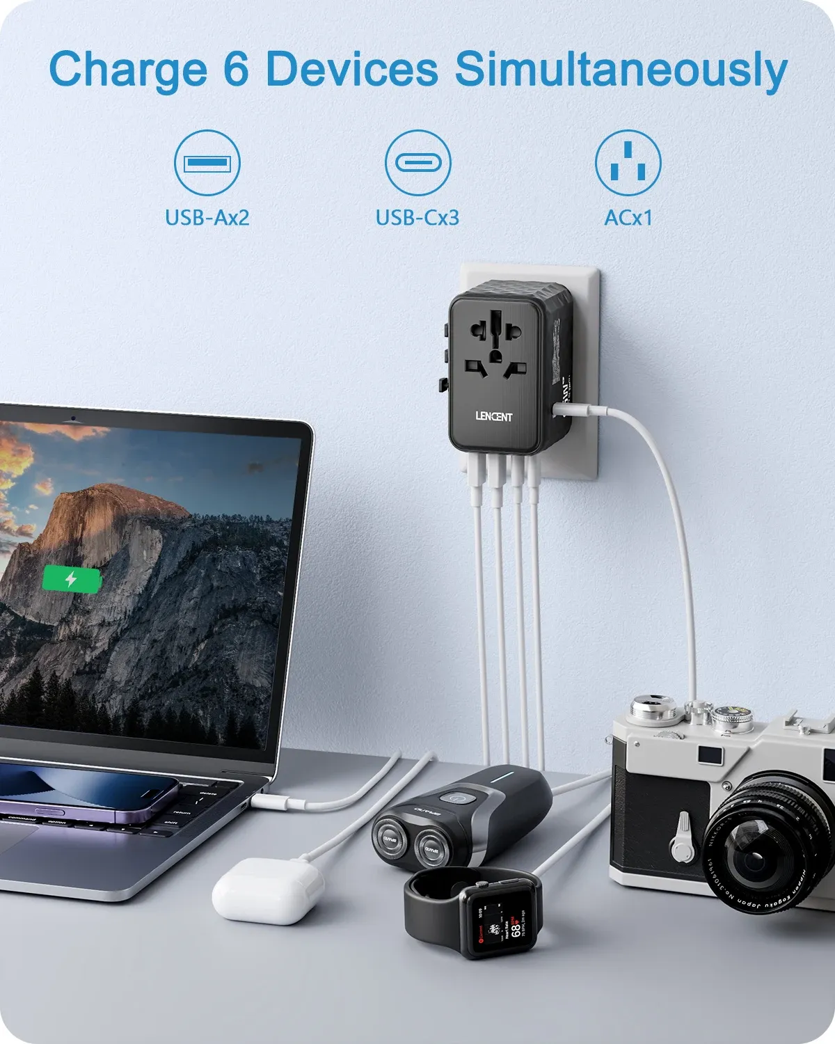 LENCENT – Adaptateur de voyage universel GaN 65 W avec 2 ports USB-C, charge rapide, chargeur de voyage tout-en-un, prises EU/UK/USA/AUS 2