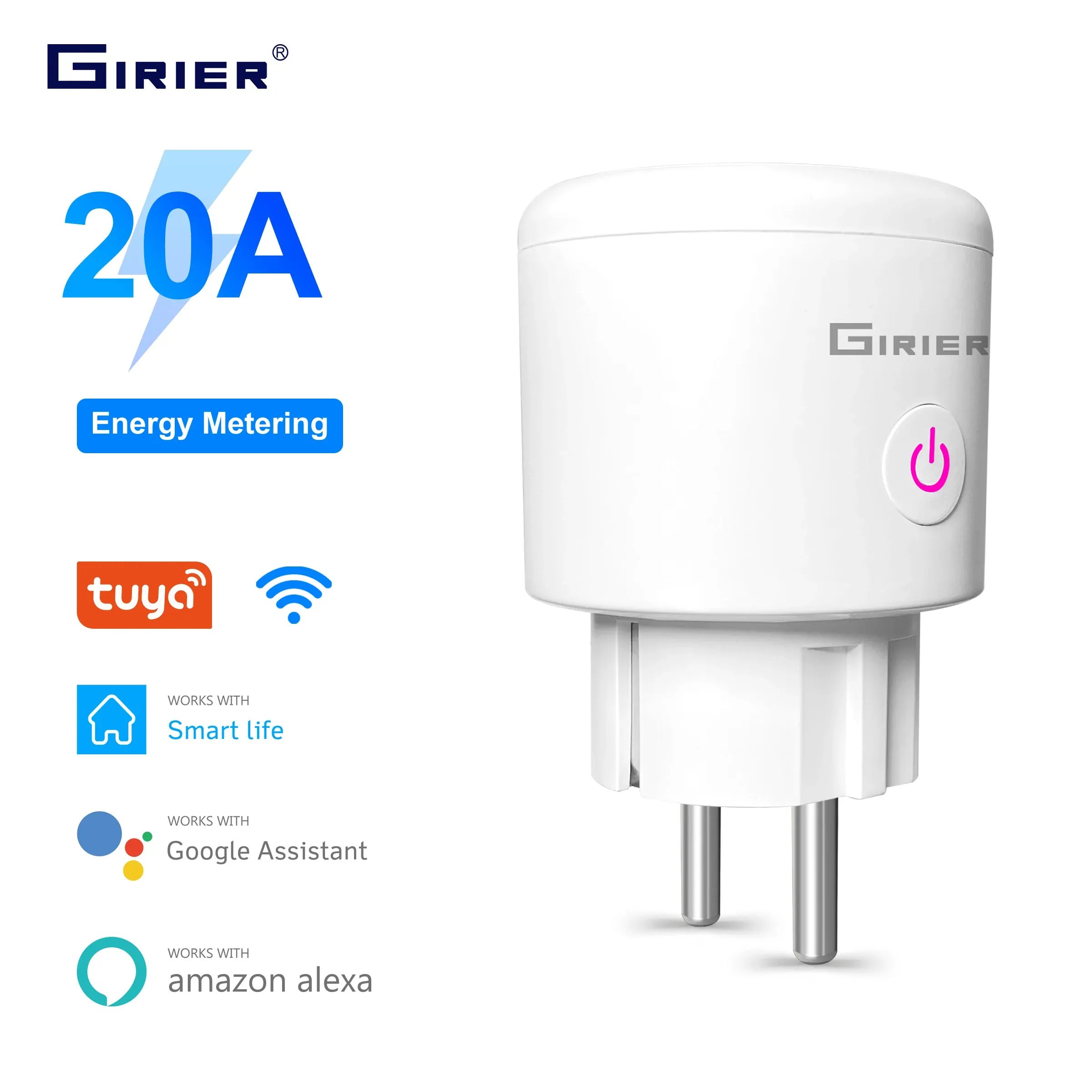 Prise connectée Tuya WiFi/ZigBee 20 A (norme EU) avec moniteur de puissance, compatible application Smart Life, compatible Alexa et Google Home
