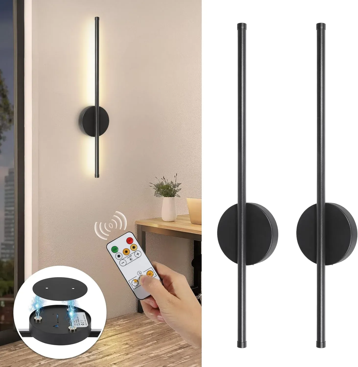 Lot de 2 appliques murales sans fil à piles, rechargeables, noires, avec télécommande et intensité réglable