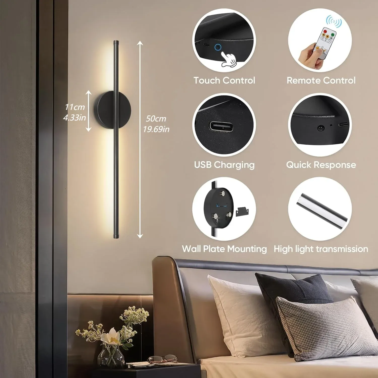 Lot de 2 appliques murales sans fil à piles, rechargeables, noires, avec télécommande et intensité réglable 2