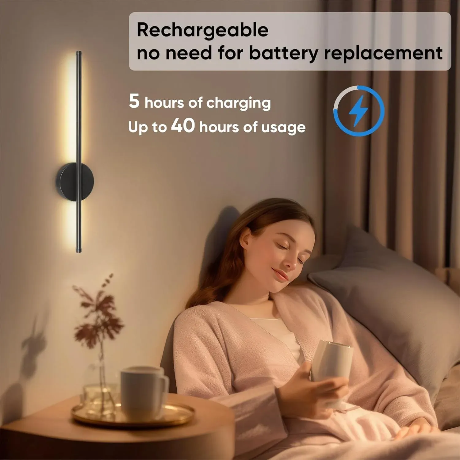 Lot de 2 appliques murales sans fil à piles, rechargeables, noires, avec télécommande et intensité réglable 3