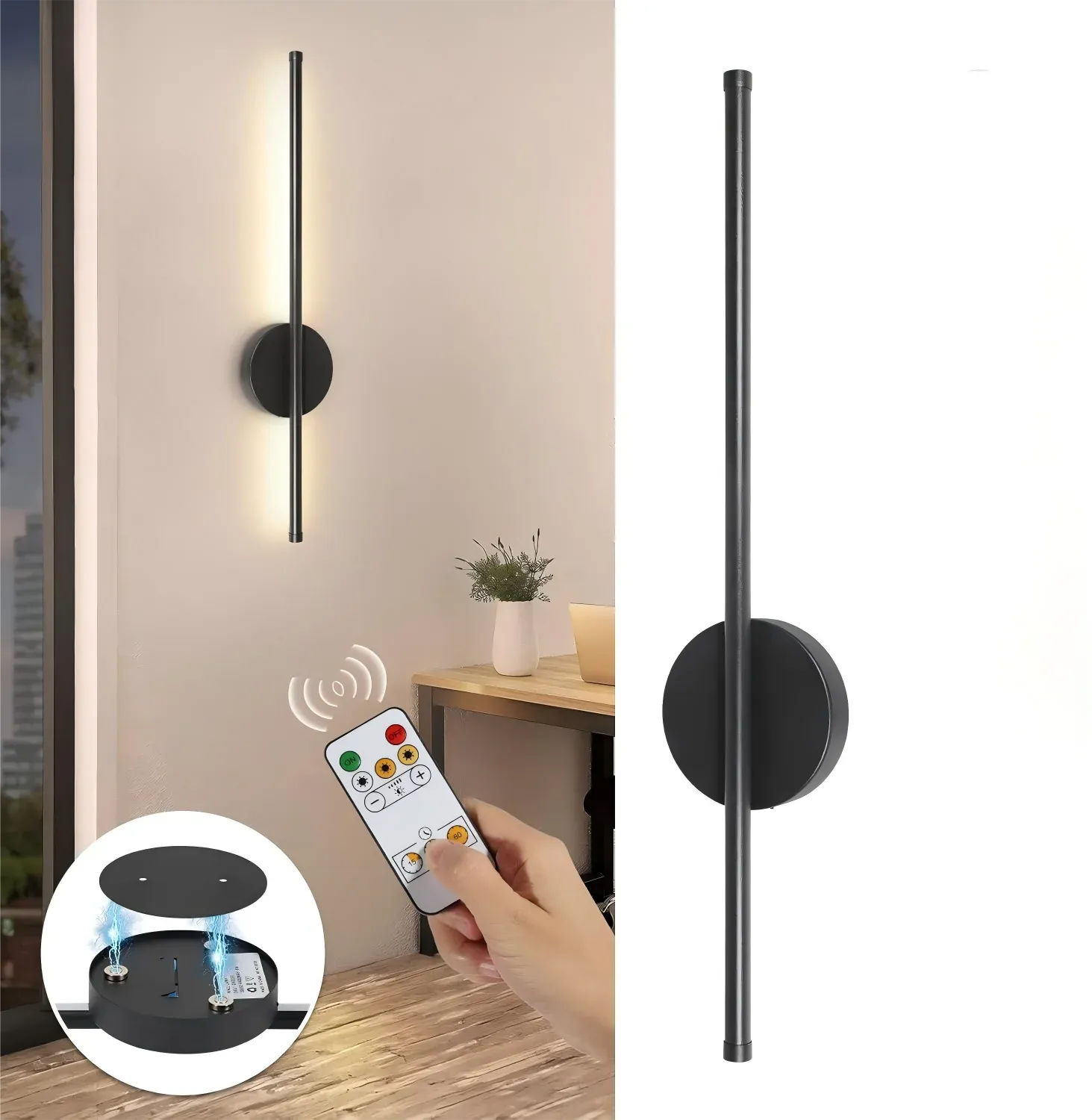 Lot de 2 appliques murales sans fil à piles, rechargeables, noires, avec télécommande et intensité réglable 7