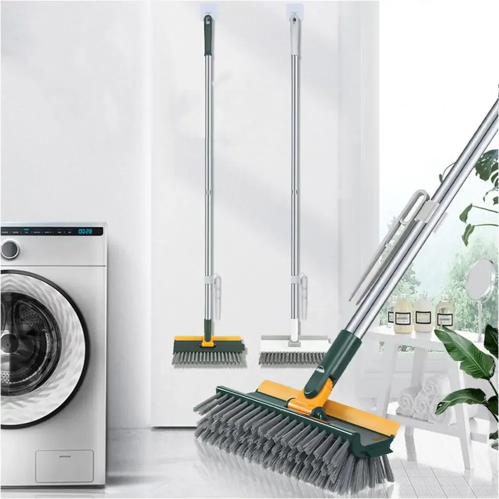 Brosse de nettoyage rotative pour sols avec long manche, brosse à joints et brosse en V à poils rigides avec raclette - Image 1