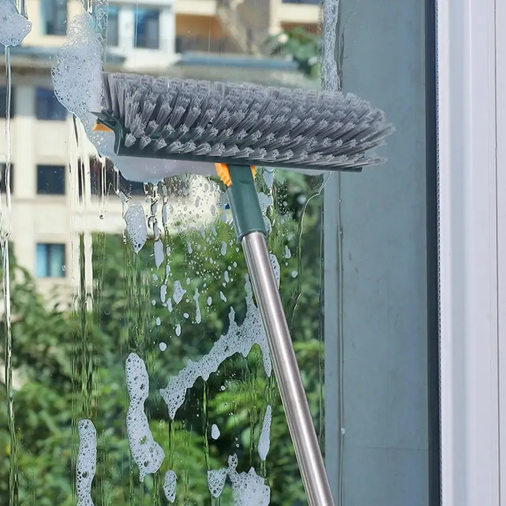 Brosse de nettoyage rotative pour sols avec long manche, brosse à joints et brosse en V à poils rigides avec raclette 3