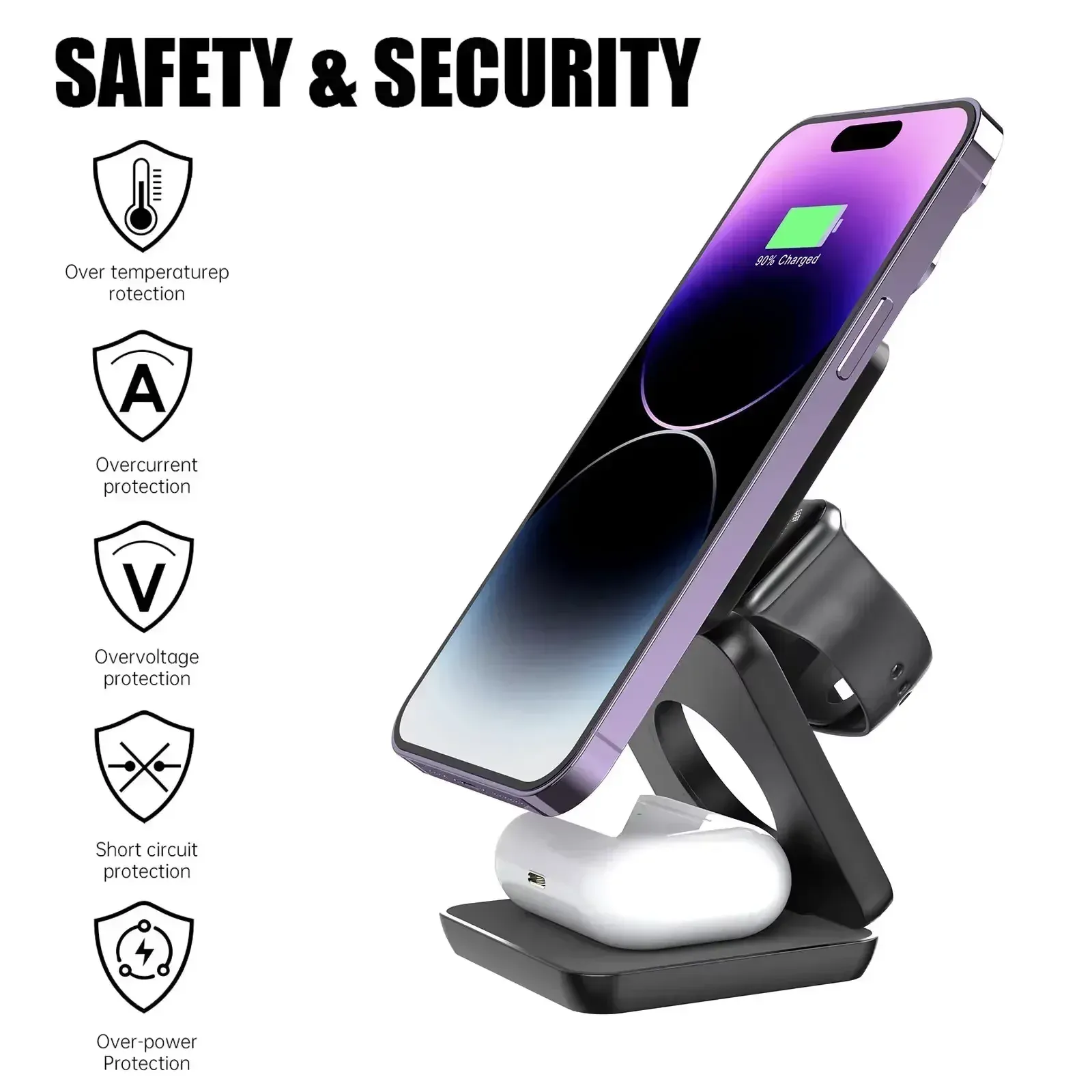 Station de charge sans fil magnétique pliable 3 en 1 pour iPhone 16, 15, 14, 13 Pro Max, Apple Watch 8 et 9 3