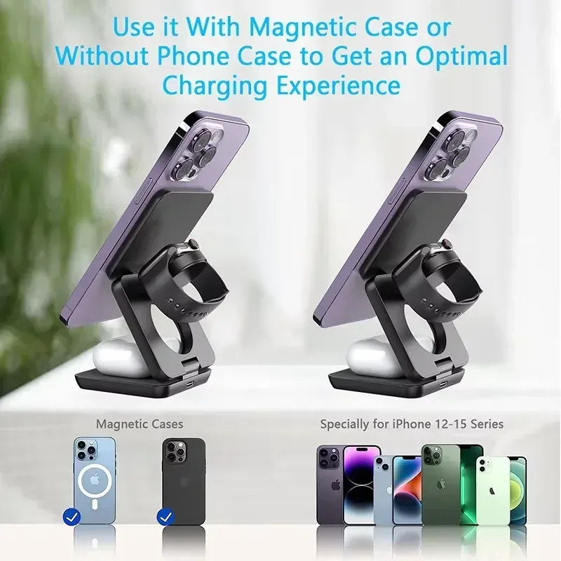Station de charge sans fil magnétique pliable 3 en 1 pour iPhone 16, 15, 14, 13 Pro Max, Apple Watch 8 et 9 4