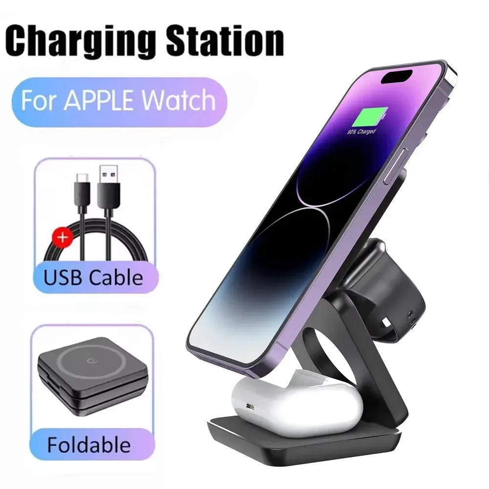 Station de charge sans fil magnétique pliable 3 en 1 pour iPhone 16, 15, 14, 13 Pro Max, Apple Watch 8 et 9 6