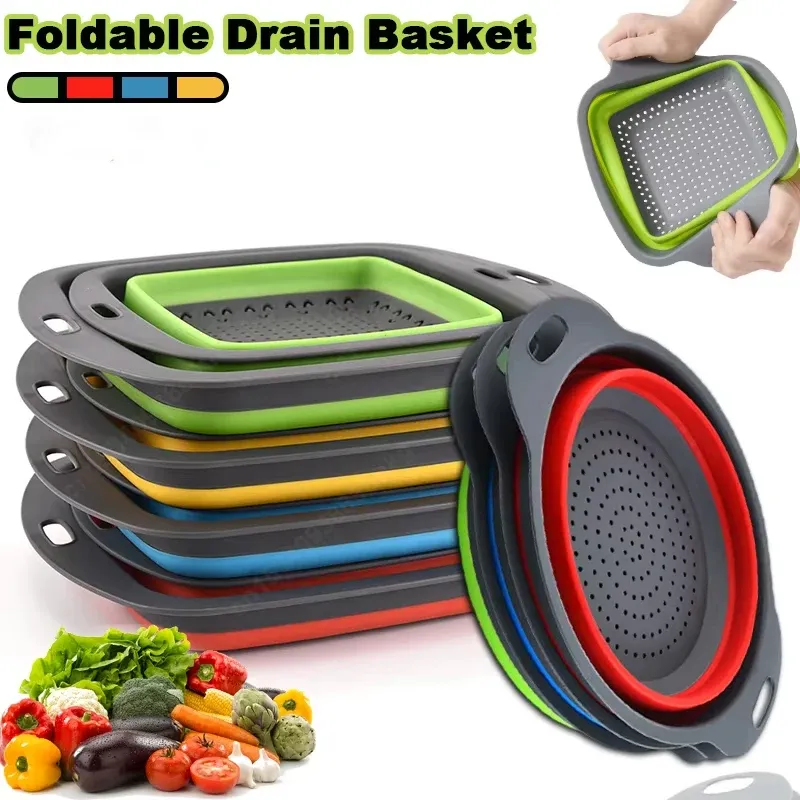 Égouttoir pliable carré en silicone avec poignée, panier de lavage pour fruits et légumes, passoire multi-usage (lot de 1 ou 2 pièces) - Image 1