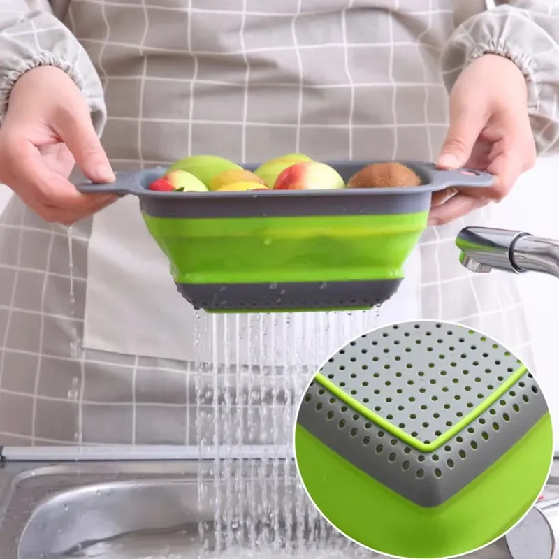 Égouttoir pliable carré en silicone avec poignée, panier de lavage pour fruits et légumes, passoire multi-usage (lot de 1 ou 2 pièces) 4