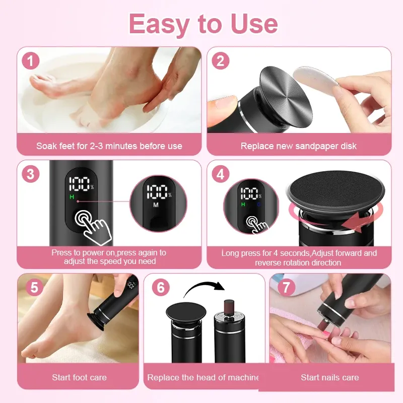 Râpe électrique pour callosités des pieds 2-en-1 avec kit de manucure et pédicure, noir 4