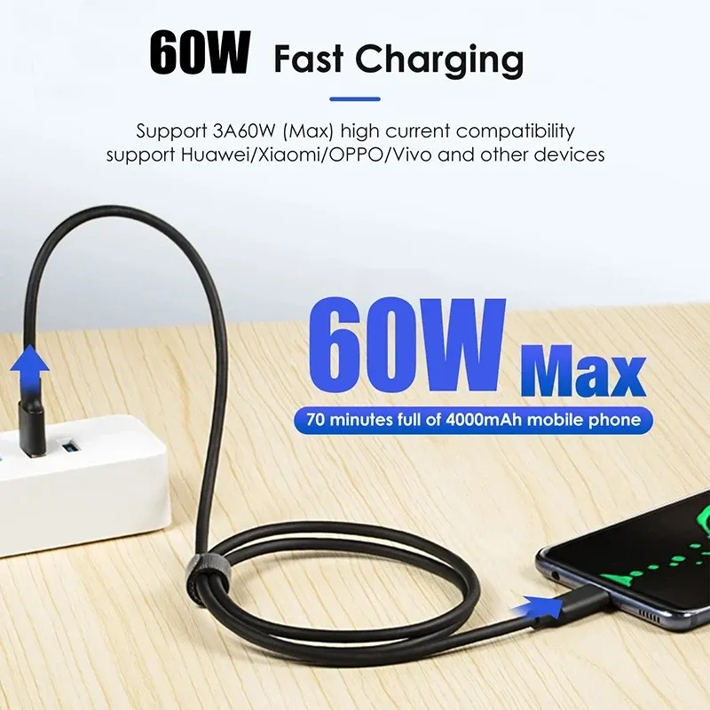 Câble USB-C noir pour transfert de données et charge