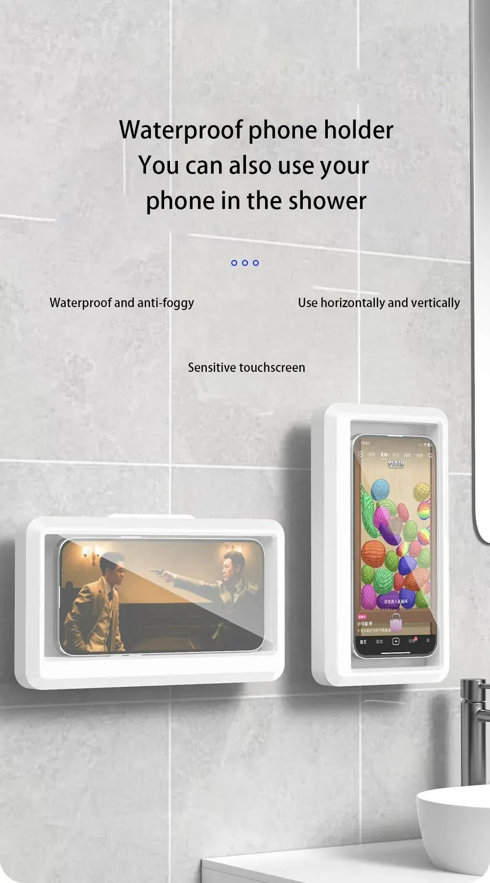 Support de téléphone étanche pour douche, vue d'ensemble
