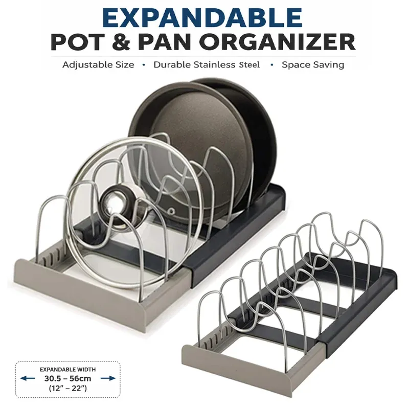 Support de rangement extensible pour casseroles et poêles, support réglable pour ustensiles de cuisine, étagère de rangement pour couvercles, égouttoir pour comptoir de cuisine et garde-manger - Image 1